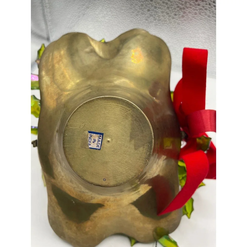 Brass Holly Berry Basket Christmas‎ Holiday Decor Red Velvet Bow Handmade India